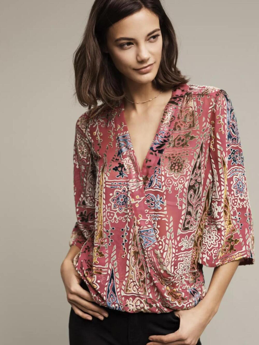 Floreat by Anthropologie Pink Velvet Japonica Wrap Blouse - Size - Medium